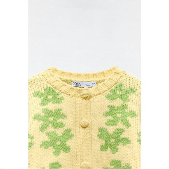 New Zara Knit Yellow Green Floral Jacquard Print Button Up Chunky Cardigan S - Picture 3 of 8